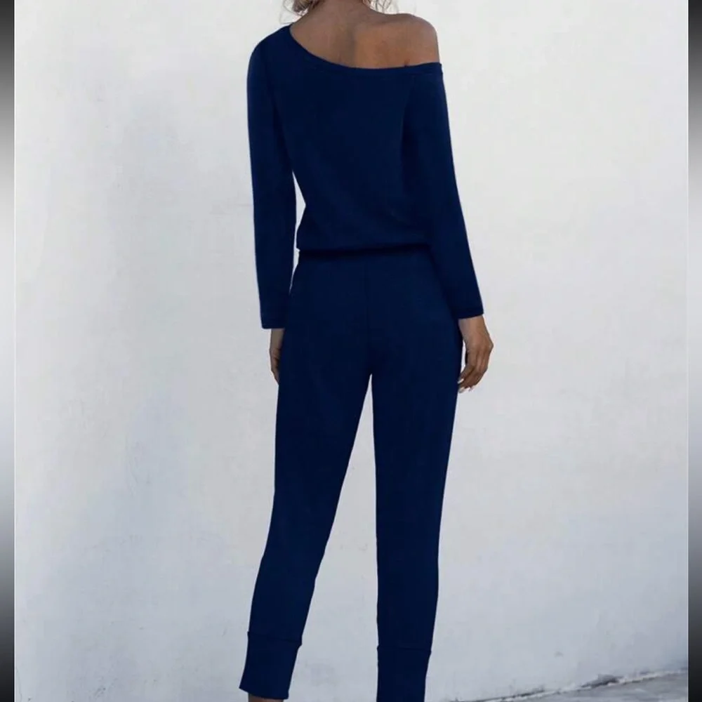 Classic Elegant Asymmetrical Neck Long Sleeve Tie Waist Tee Jumpsuit Navy Blue - Picture 2 of 5